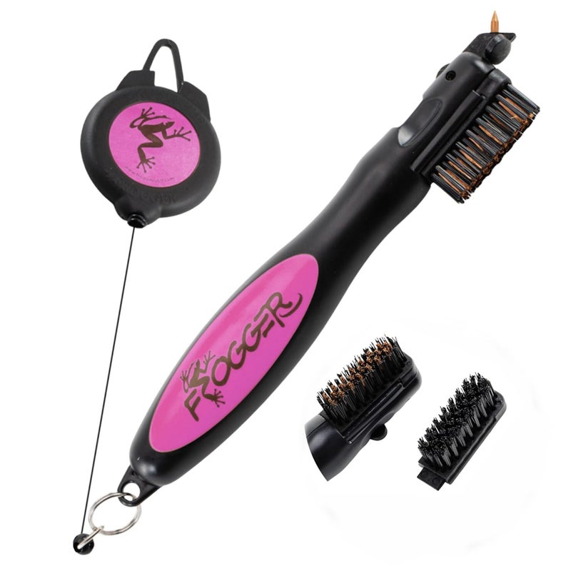 Frogger BrushPro Golf Club Cleaner with Ergonomic Grip and 2.5 ft. Retractable Cord, Pink - Sturdy Golf Club Brush and Groove Cleaner for Golfers - Image 1
